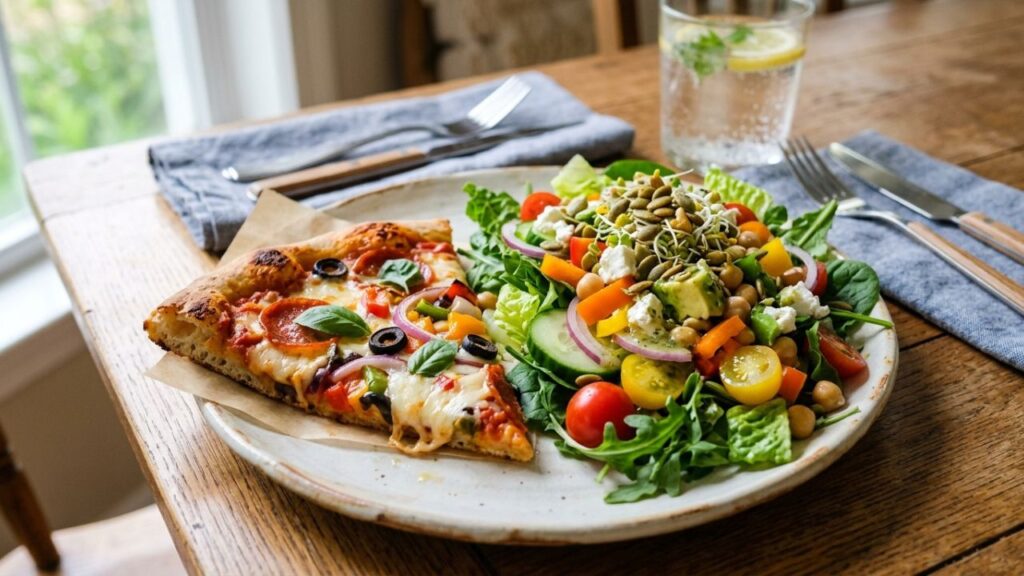 Healthy West Coast Pizza slice served with fresh salad