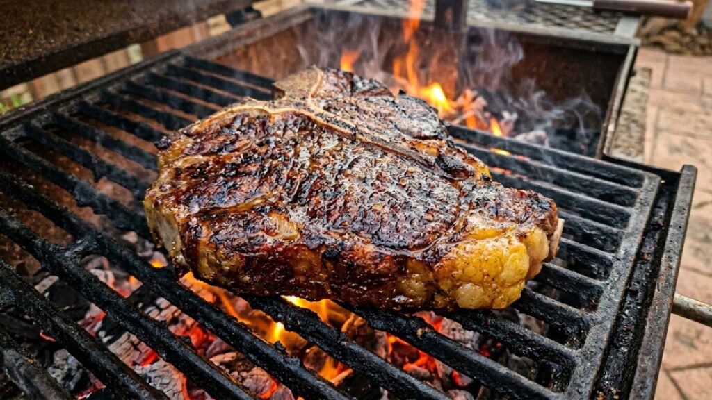 Galician Blond Steak searing on a grill.