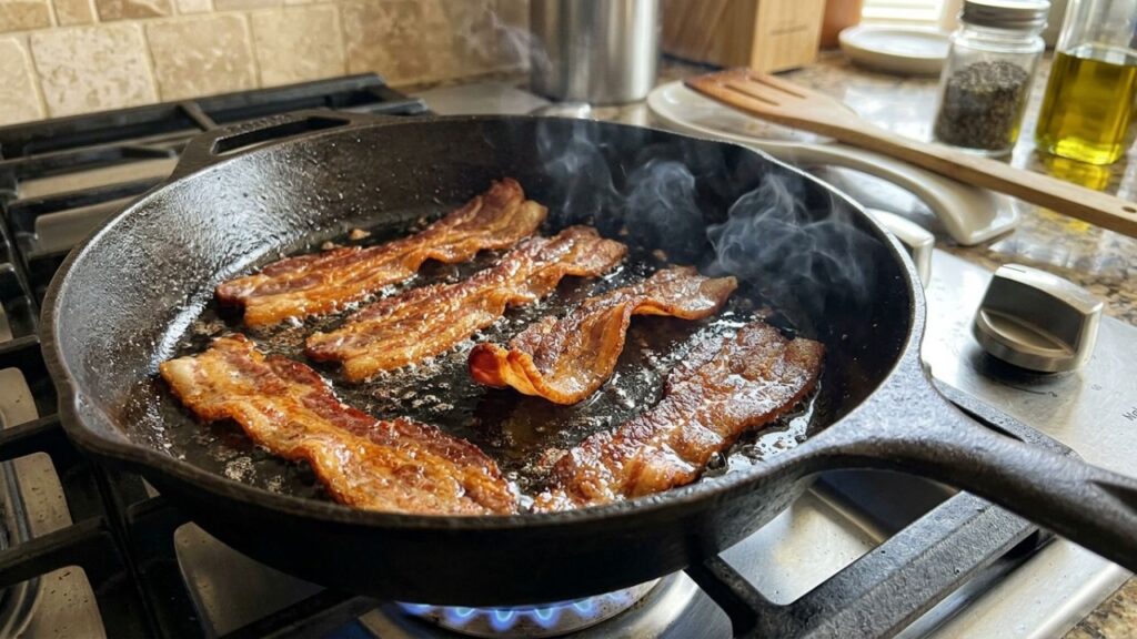 Crispy halal bacon strips in a skillet