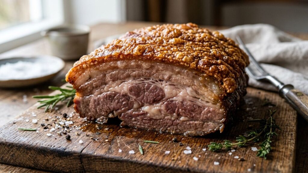Golden-brown Mangalitsa pork with marbling, served with fresh herbs and sauce.