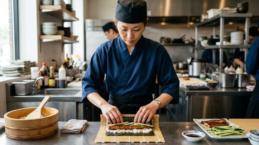 Sushi roll being rolled on a bamboo mat.