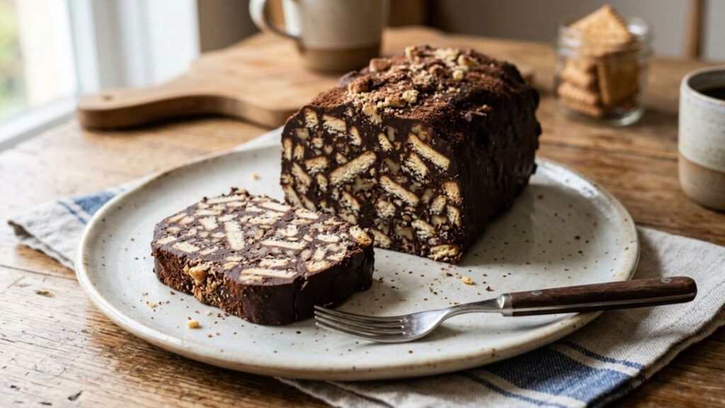 Homemade mosaic cake slices showing chocolate and biscuit pattern.