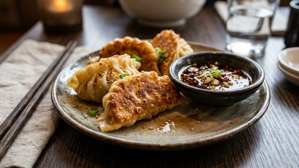 Golden Peking ravioli with dipping sauce.