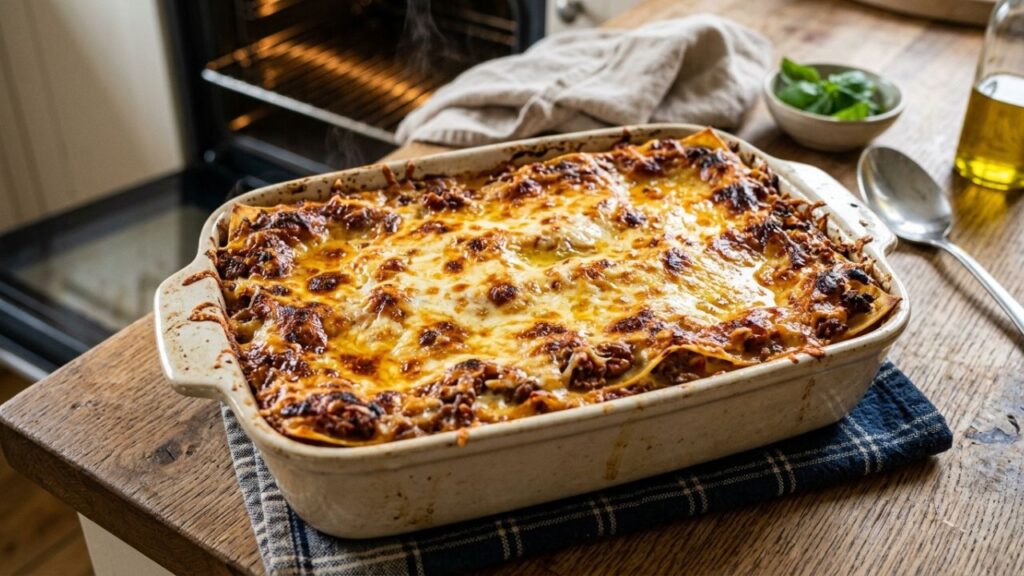 Baked lasagna with bubbling cheese in a dish