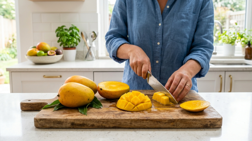 Fresh mango slices prepared on a cutting board for making freeze dried mango at home