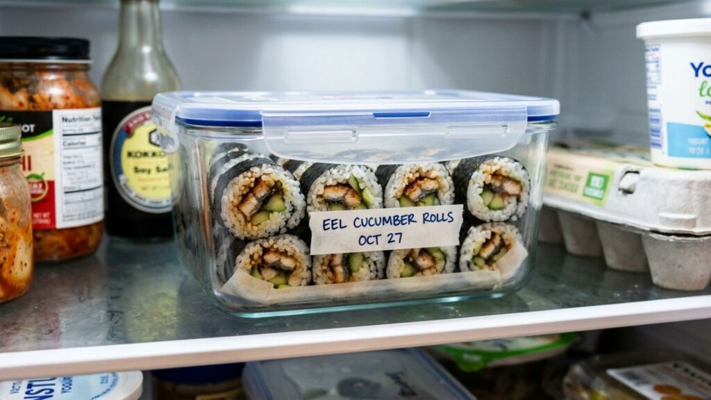 Eel cucumber rolls in a refrigerator-safe container