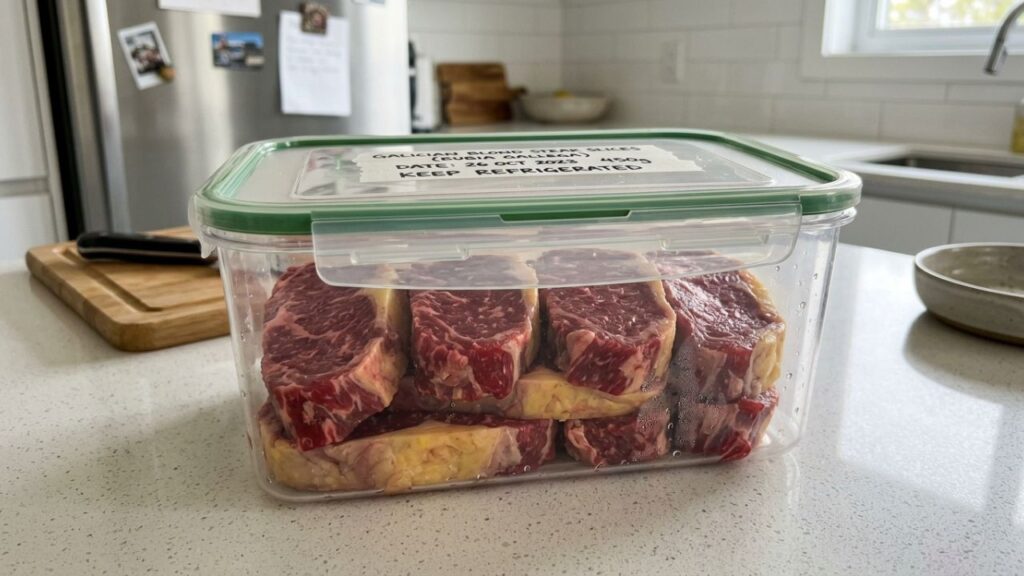 Leftover steak stored in an airtight container.