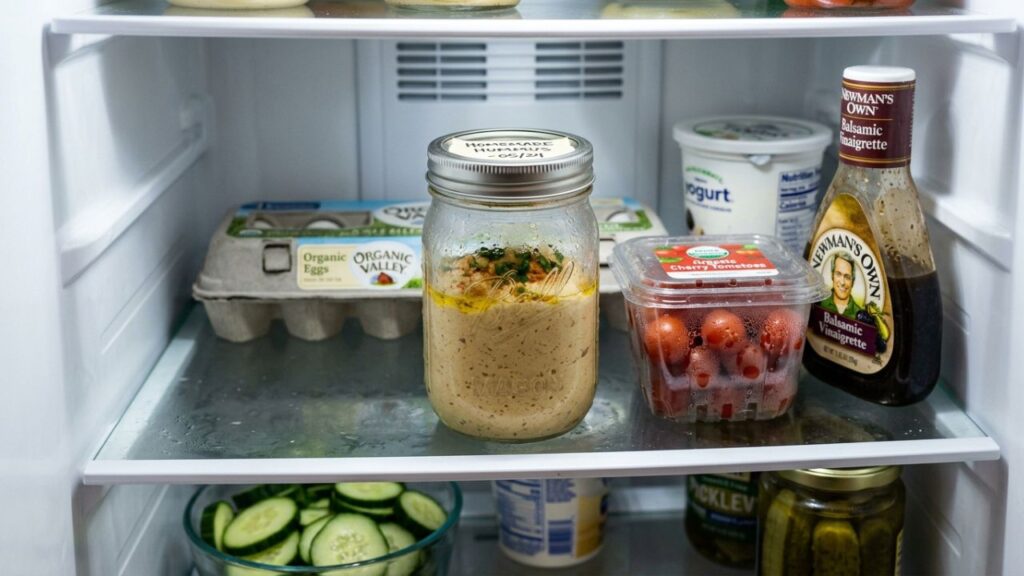 Storing hummus in an airtight container.