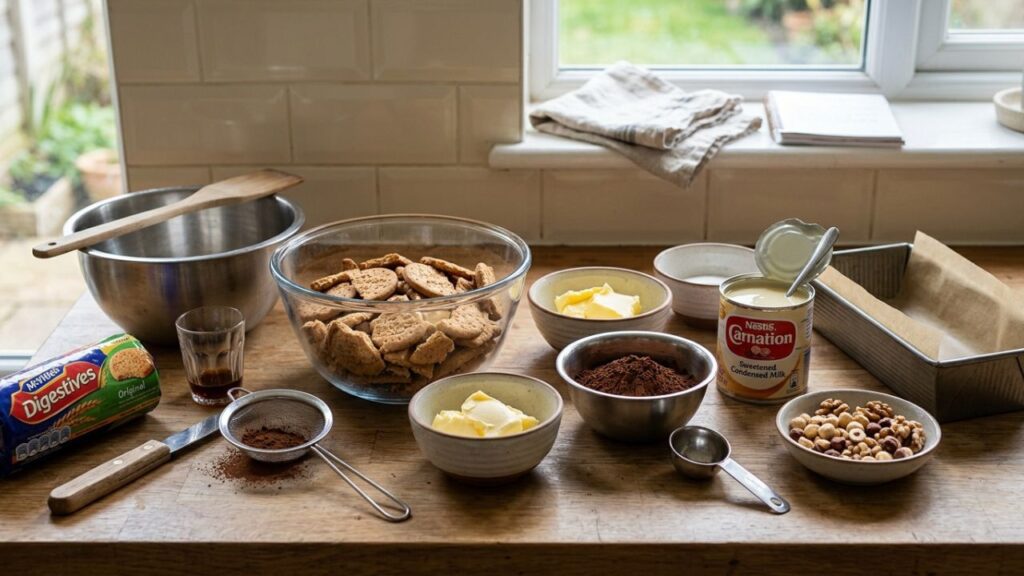Ingredients for making mosaic cake arranged on a kitchen counter