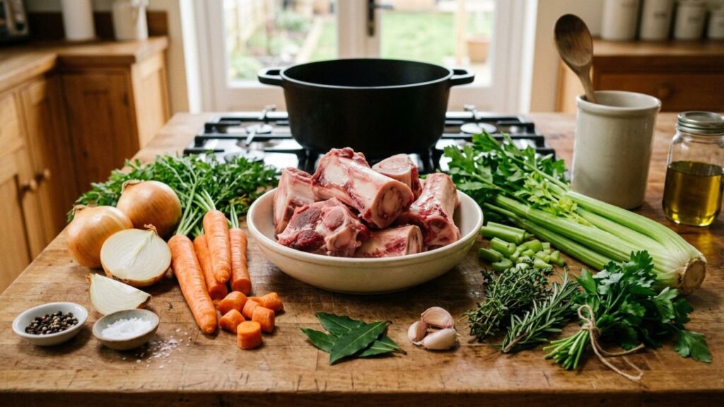 Soup bones with fresh vegetables and herbs.