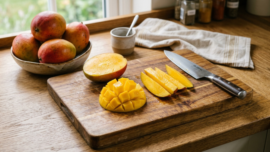 Fresh mangoes and kitchen tools for freeze drying preparation
