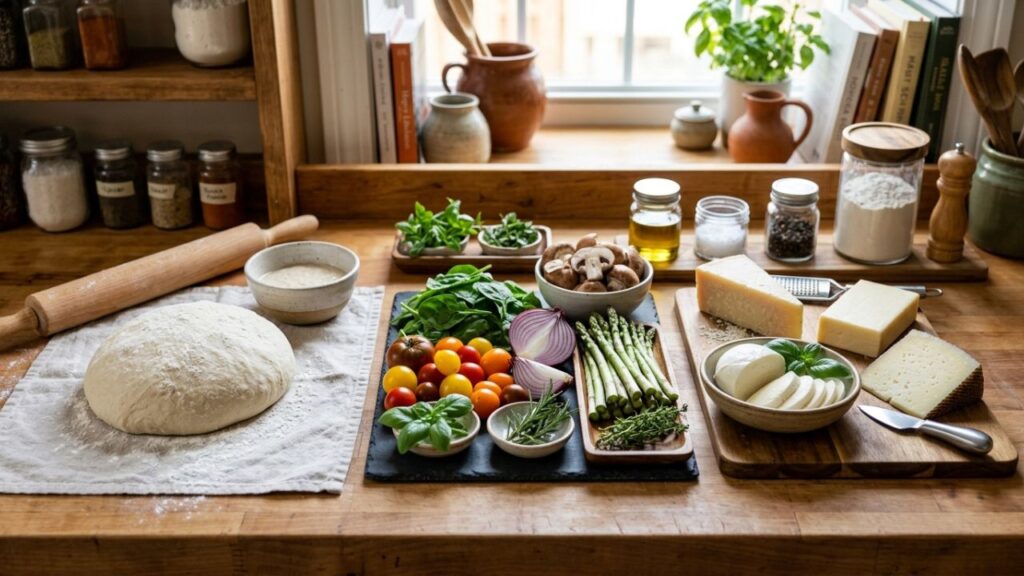 Fresh vegetables, cheeses, and dough ready for cooking.