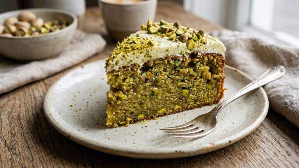 Pistachio Ricotta Cake served as a luxurious dessert