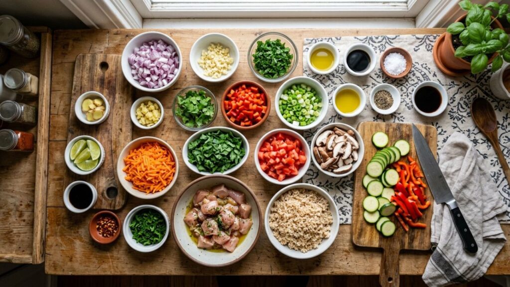 Beans, vegetables, and herbs on a cutting board.