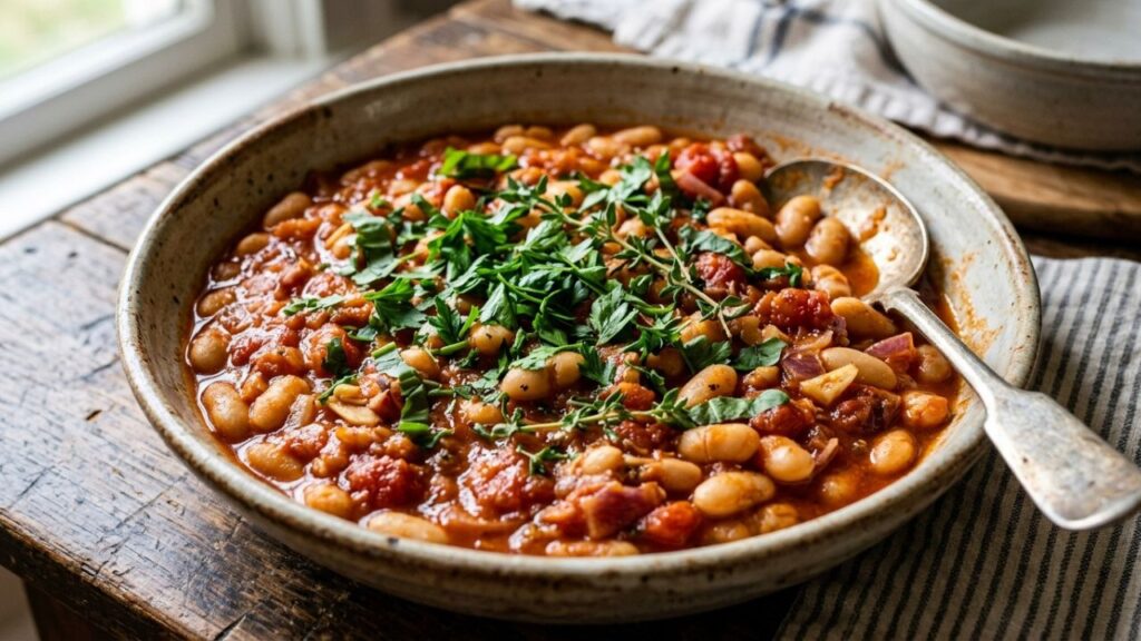  Beans in tomato sauce with parsley.