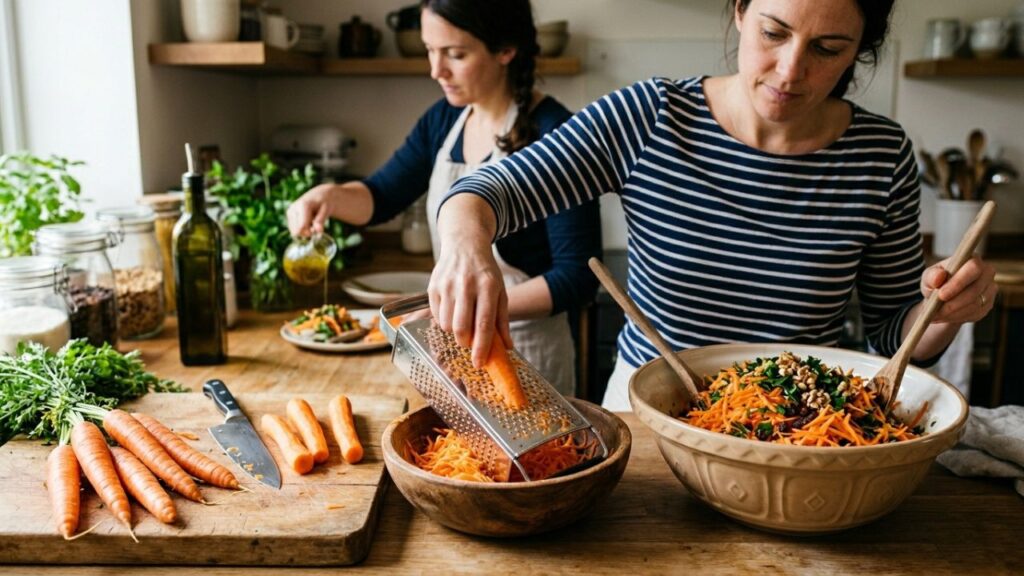 Hands mixing grated carrots in bowl