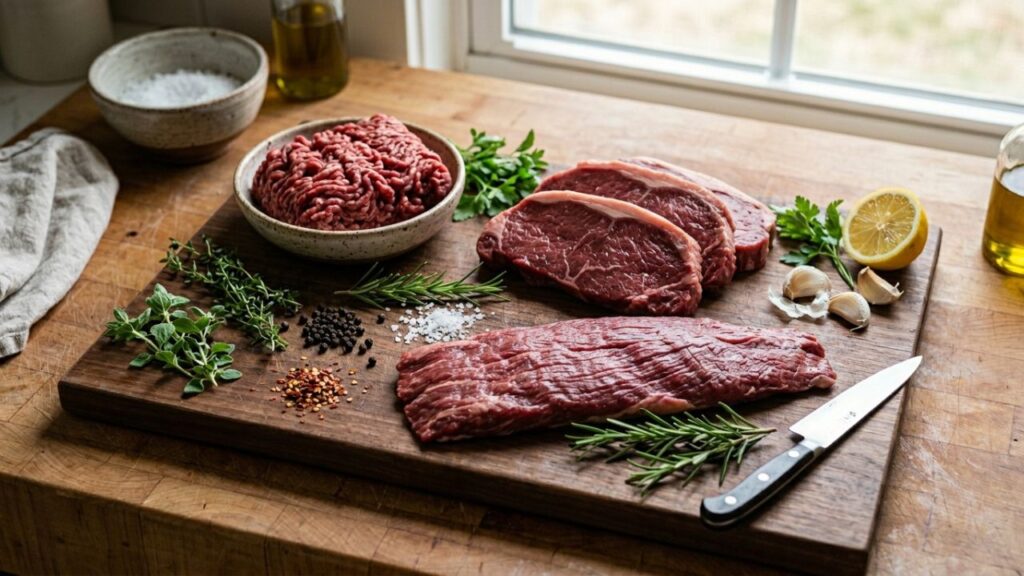 A variety of beef cuts on a kitchen counter with fresh herbs and vegetables.