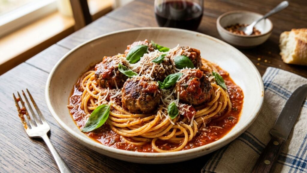 A plate of meatballs served over pasta with a sprinkle of fresh basil