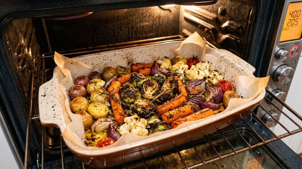 Vegetables roasting with golden edges.