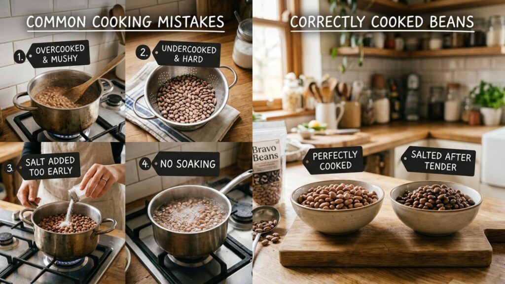 Overcooked and undercooked bravo beans side by side