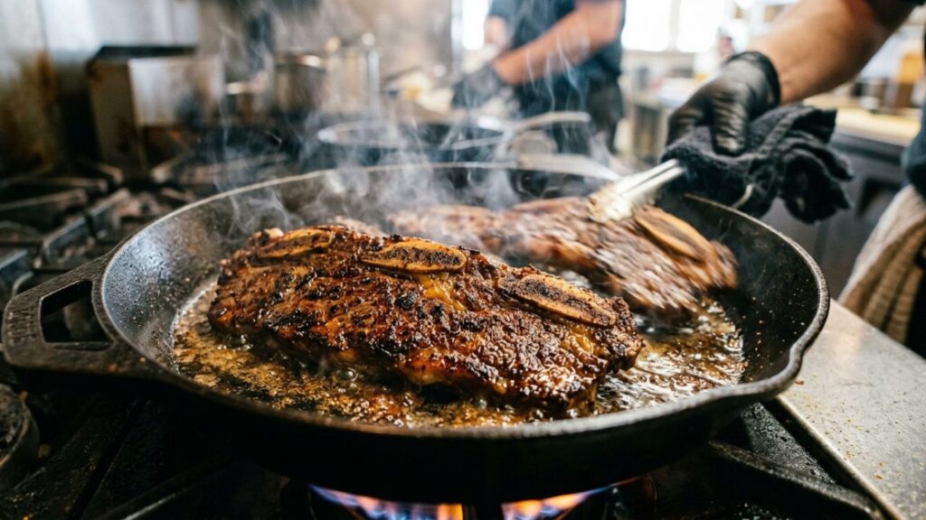 Pan-seared tablitas in a hot pan.