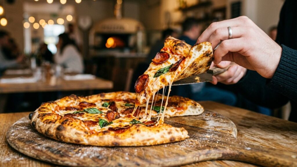  Crispy pizza slice with golden edges being lifted