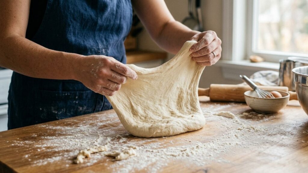  Pizza dough being stretched on floured surface