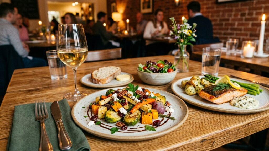 Plated vegetables served with grains and protein