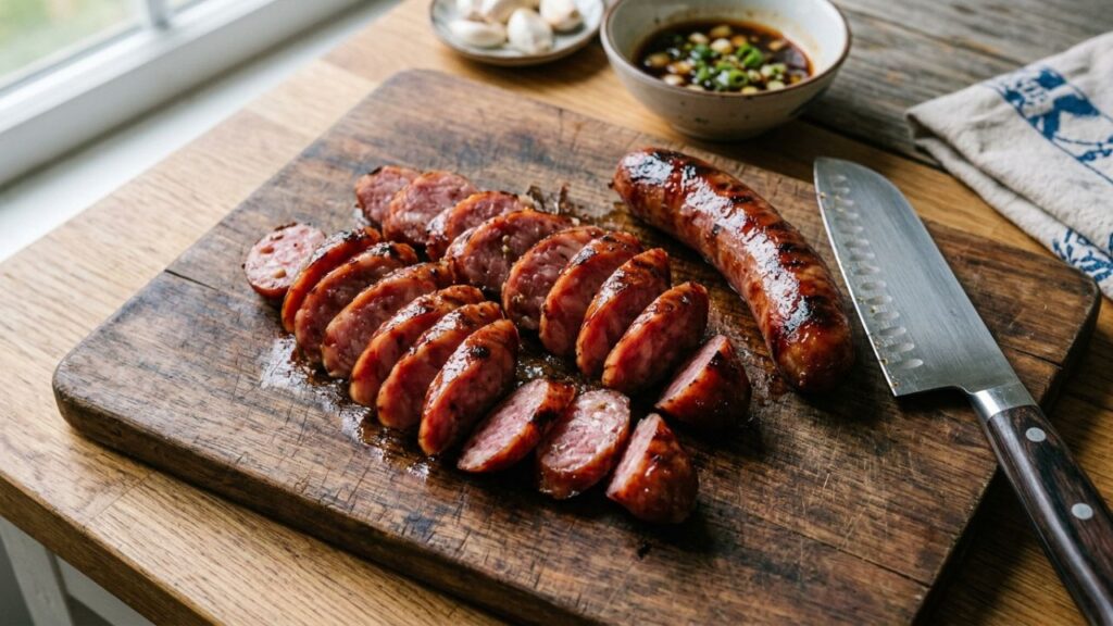 Taiwan sausages sliced diagonally on a cutting board.