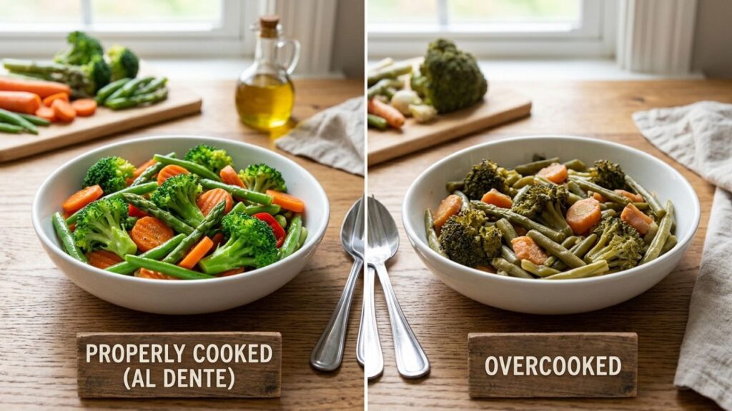 Comparison of vibrant cooked vegetables vs mushy overcooked