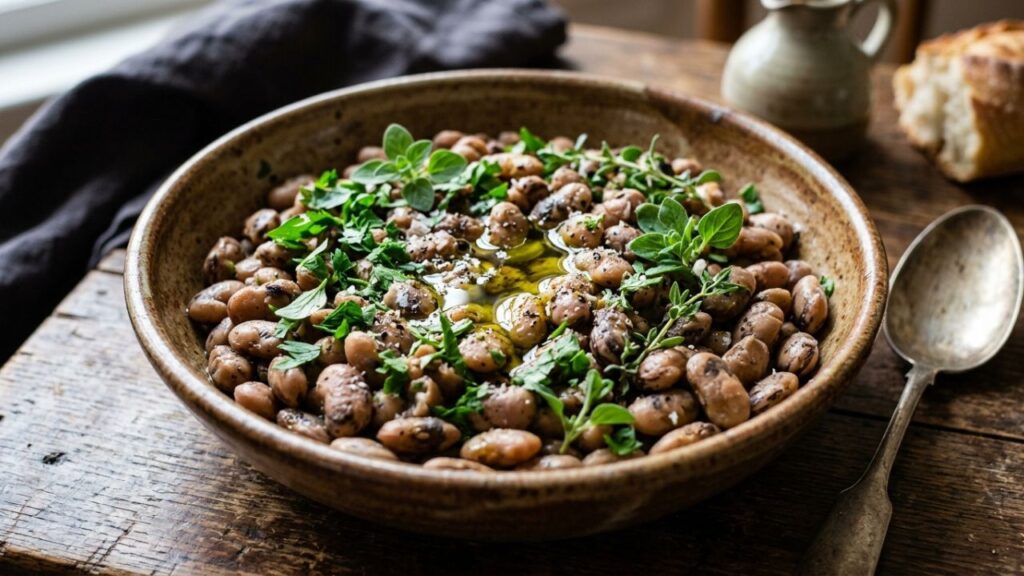Cooked bravo beans in a bowl with herbs and olive oil