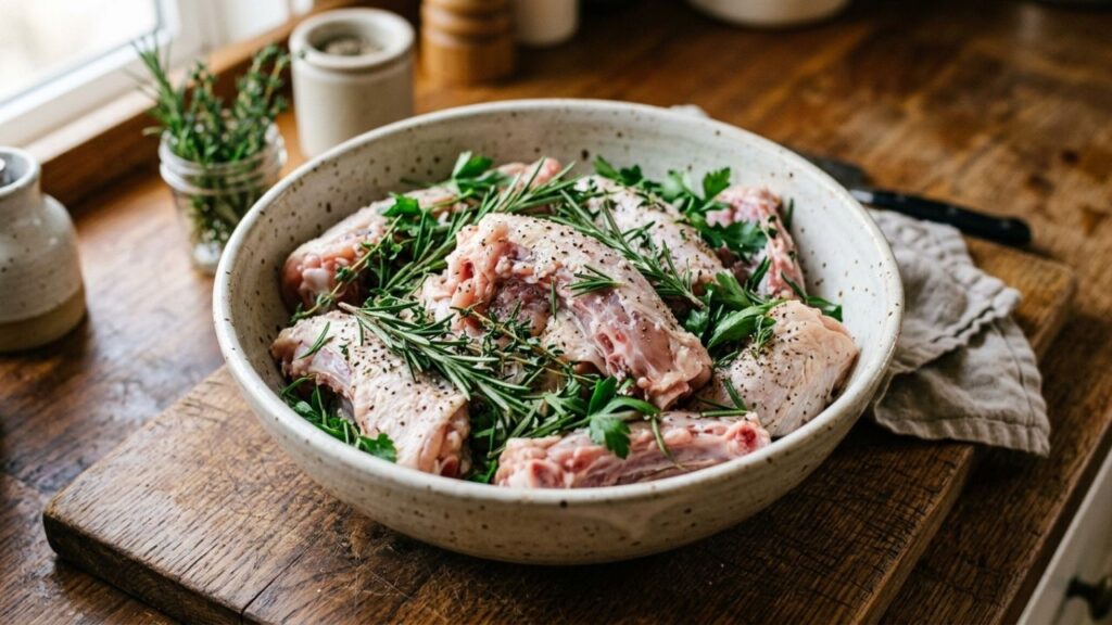 Raw chicken backs in a bowl with herbs