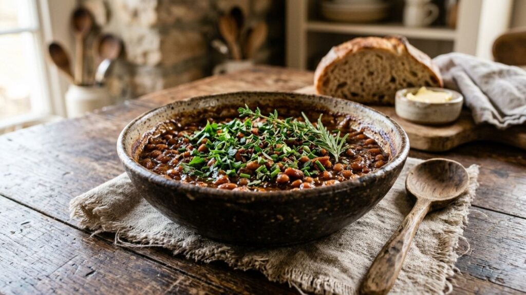 Warm baked beans in a bowl with herbs.