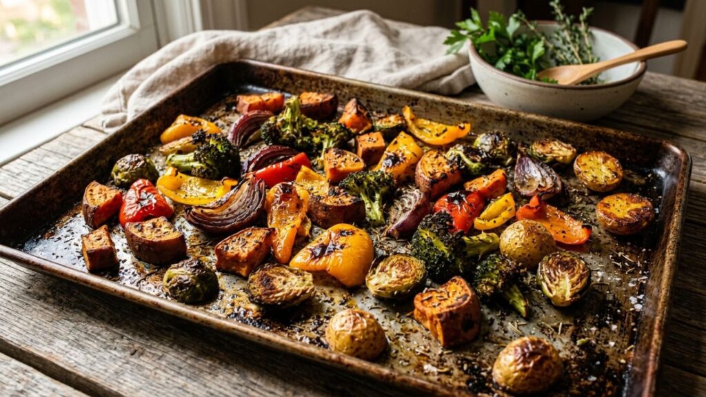 Vegetable du Jour Golden roasted vegetables on a baking tray
