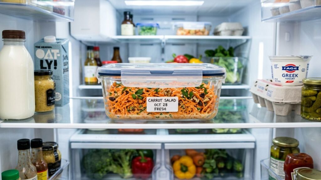 Carrot salad in airtight container in fridge