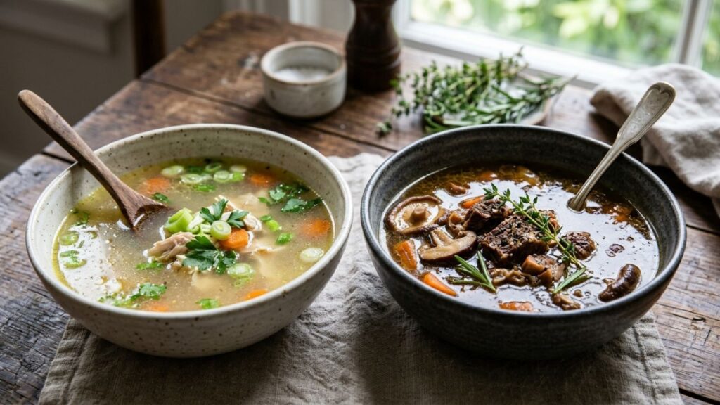 Light chicken broth and rich beef broth for different seasons.