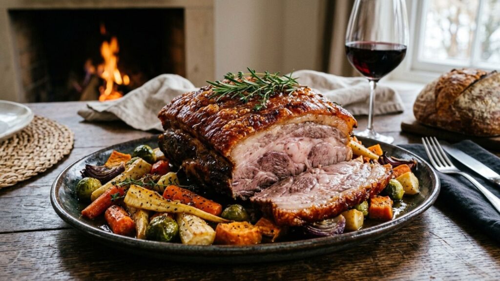 A beautifully roasted Mangalitsa pork shoulder served with seasonal root vegetables, perfect for a winter feast.