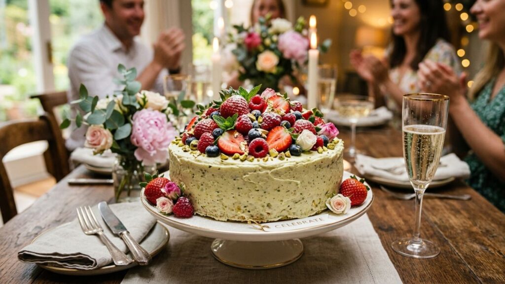 Seasonal variations of pistachio ricotta cake, garnished with berries.