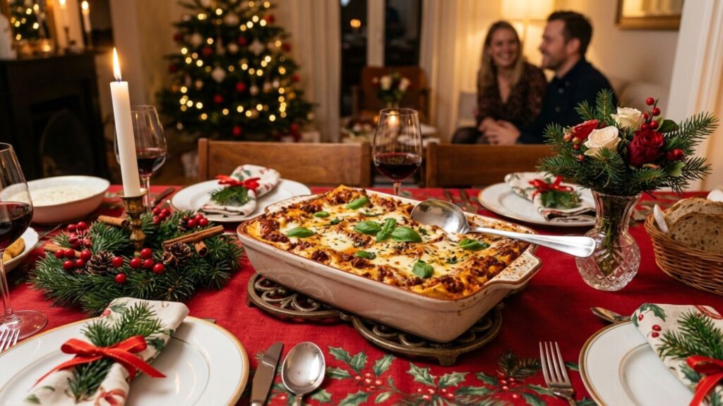 Lasagna served at a family gathering