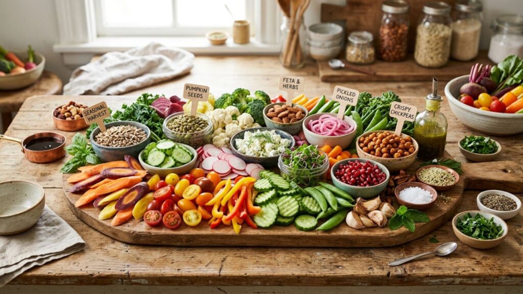  Seasonal vegetables arranged for pizza toppings