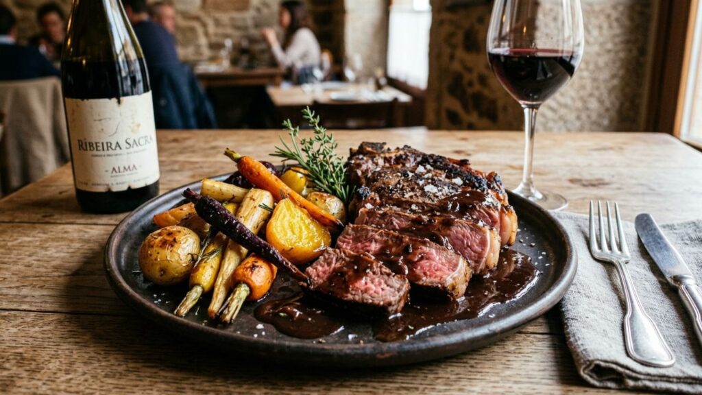 Steak served with seasonal root vegetables.