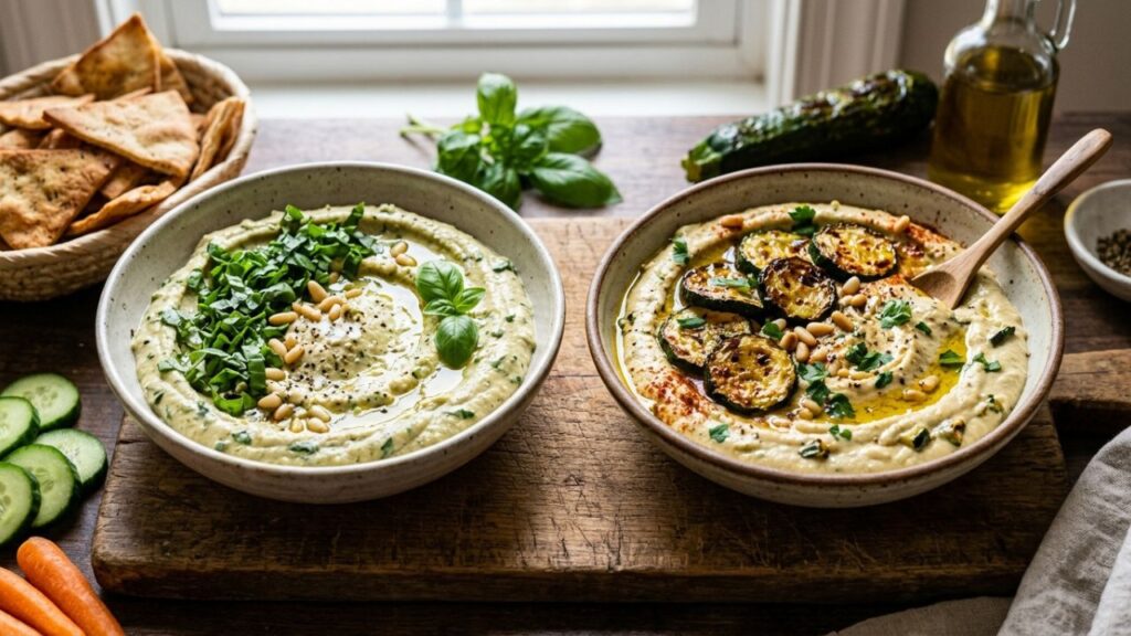  Seasonal ingredients like basil and roasted veggies.