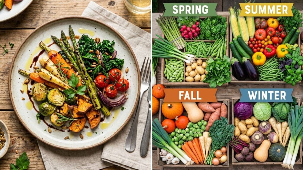 Vegetables arranged by spring, summer, fall, winter.