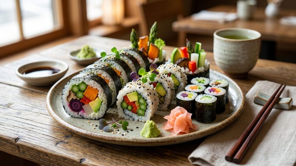 Seasonal sushi rolls with rice