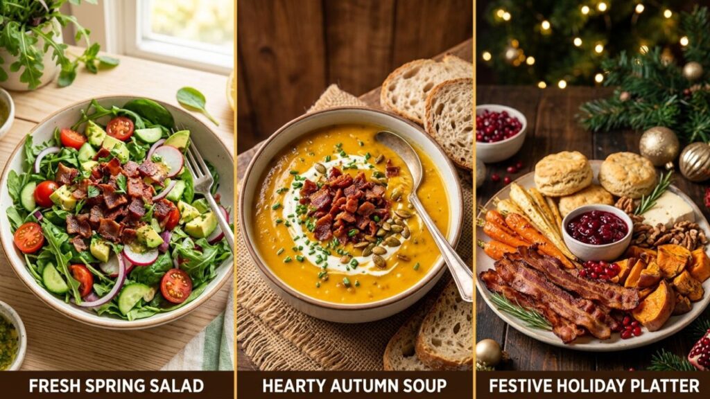 Halal bacon used in seasonal dishes like salads, soups, and holiday spreads.