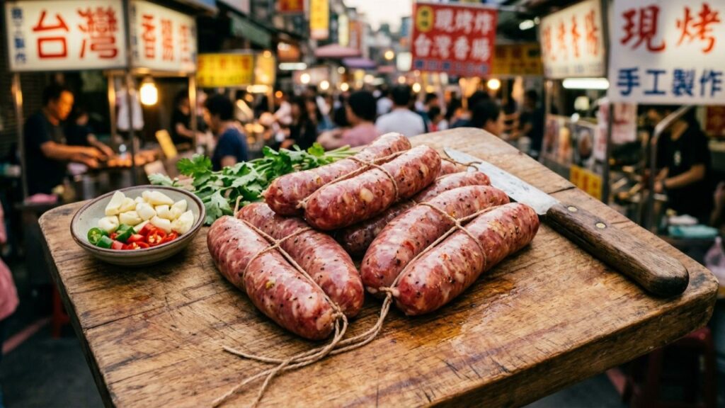 Fresh, plump Taiwan sausages ready for cooking.