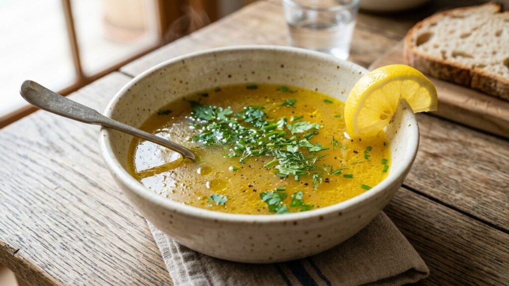 Bowl of homemade bone broth with herbs and lemon.