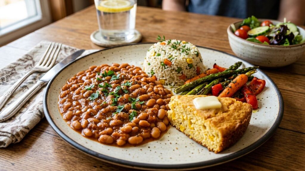 A bowl of low sodium baked beans garnished with herbs, ready to serve.
