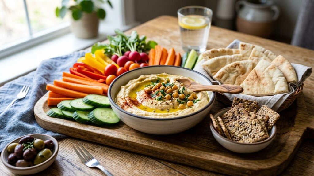  Hummus with veggies and pita.