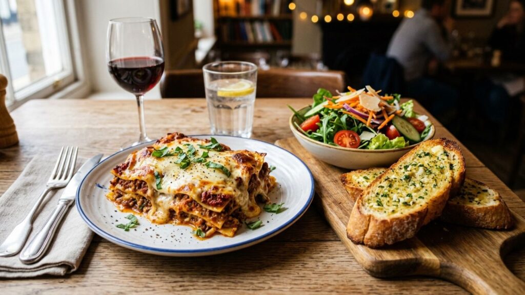  Plate with lasagna, garlic bread, and salad
